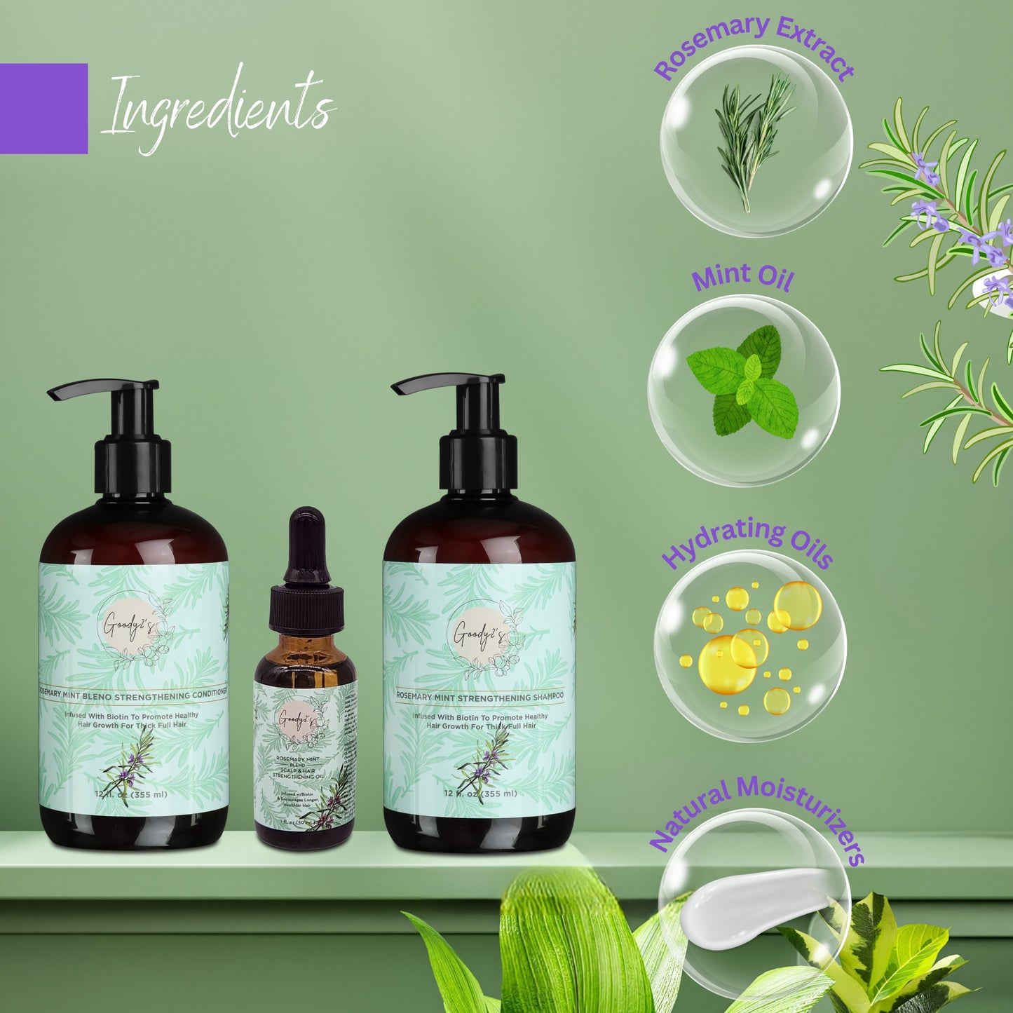 Goody 2's Rosemary Hair Care Set - Shampoo, Conditioner & Scalp Oil for Healthy, Revitalized Hair