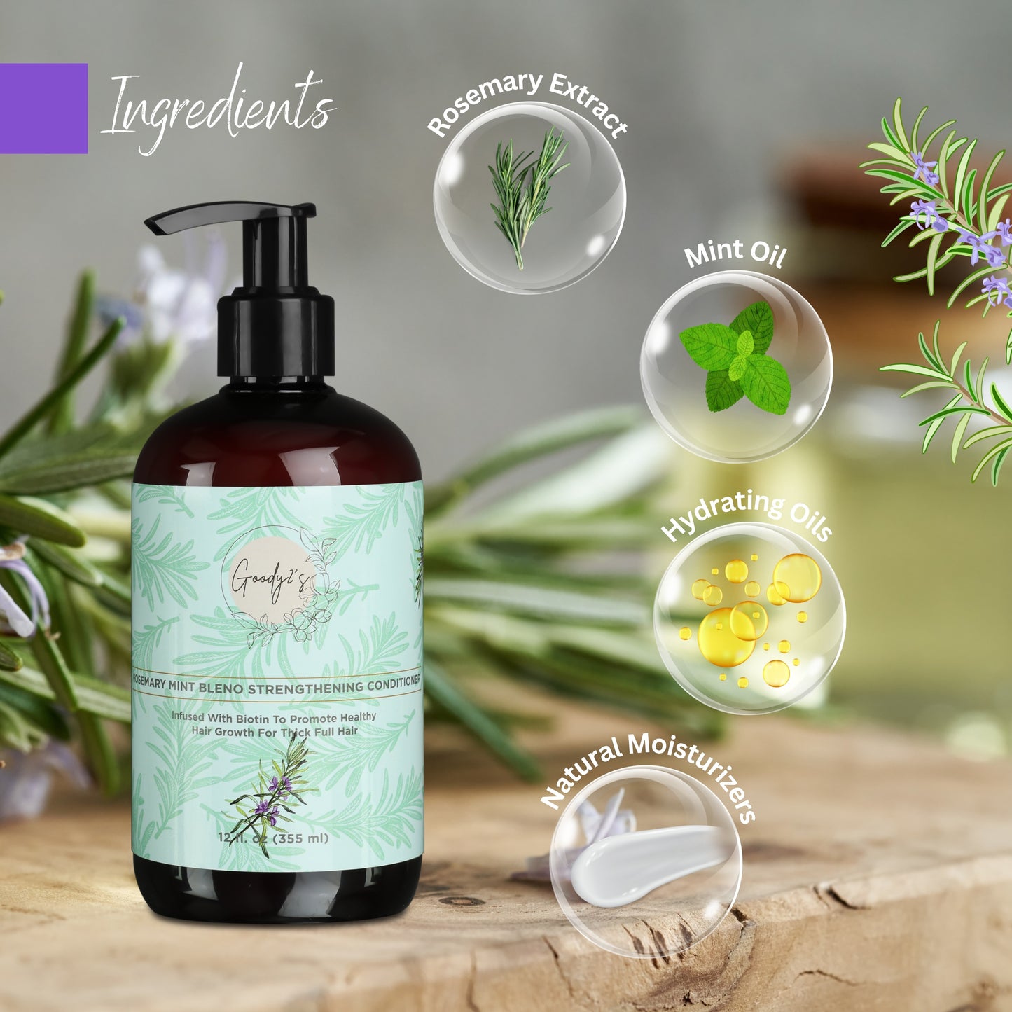 Goody 2's Natural Rosemary Mint Strengthening Conditioner Infused with Biotin to Promote Hair Growth for Thick Full Hair - 355ml