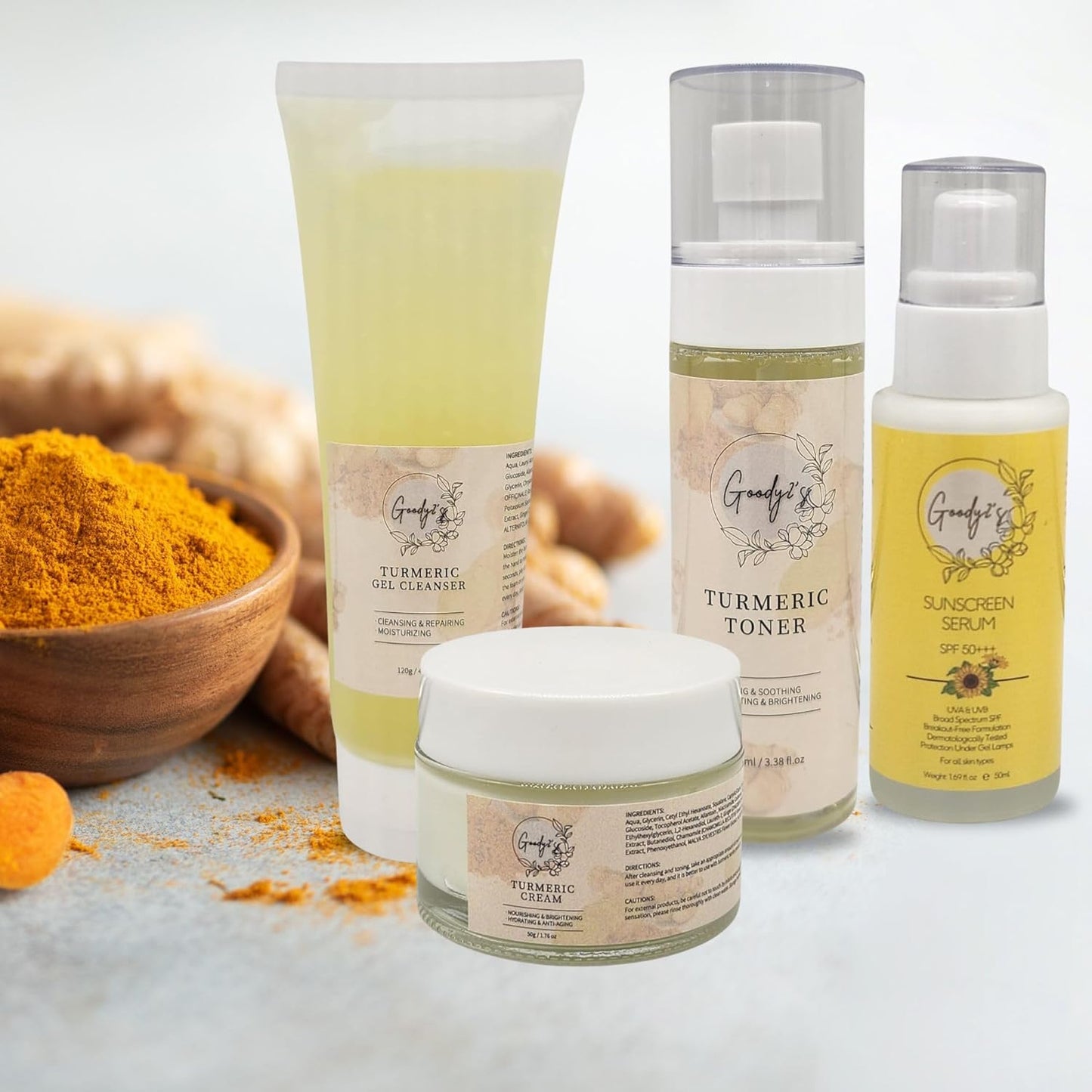 4 PCS Goody 2'S Turmeric Skin Care Set - Turmeric Cream, Turmeric Face Wash, Turmeric Toner, Sunscreen serum for Dry Skin - Soothing & Calming