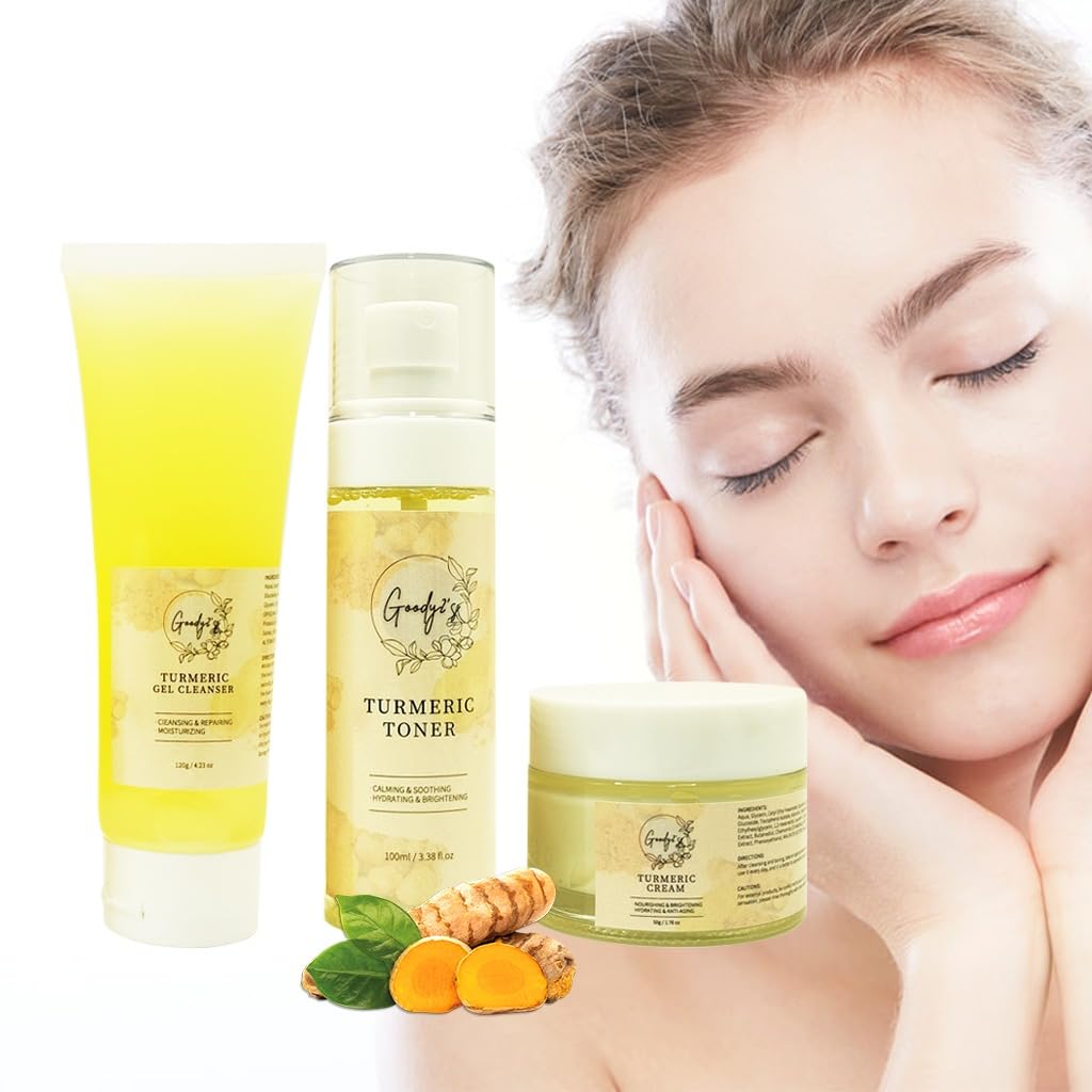 Goody 2's 3-Piece Skincare Set: Turmeric Gel Cleanser, Cream, and Toner for Young Adults and Women | Natural Turmeric Infusion for Radiant Skin | Daily Facial Care Routine