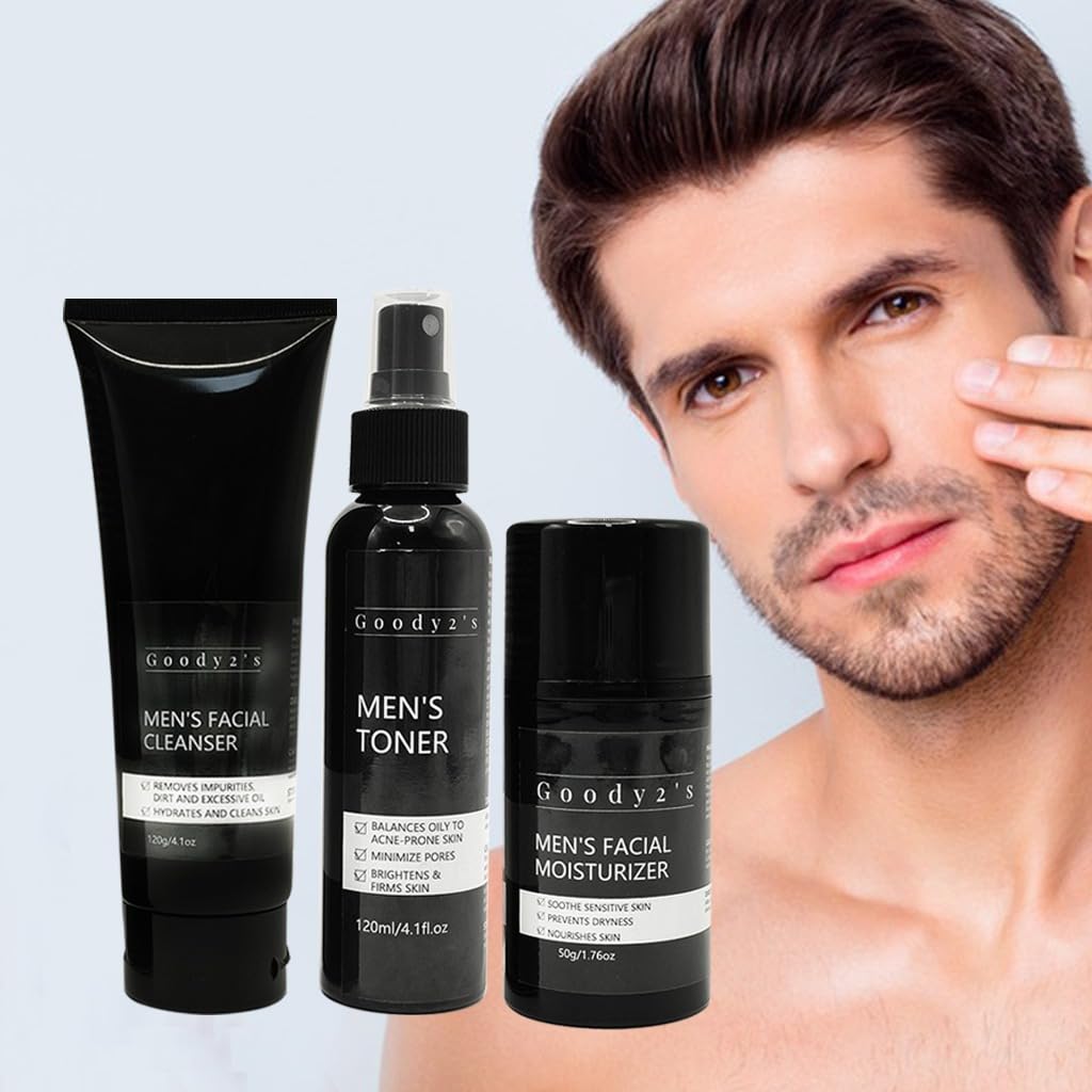 Goody 2's Men's Facial Care 3Pcs Set - Natural & Organic Anti-Aging Trio: Cleanser, Toner, Moisturizer