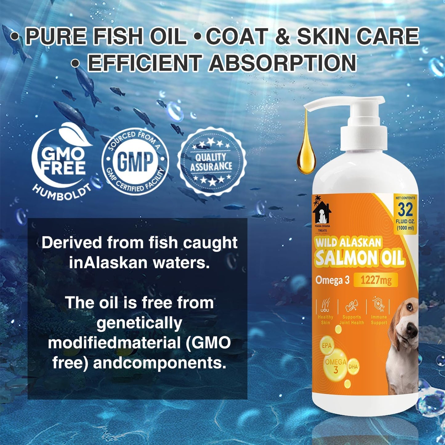 Alaskan Salmon Oil for Dogs and Cats - Healthy Skin and Coat, Fish Oil, Omega 3 EPA DHA, Liquid Food Supplement for Pets. All Natural, Supports Joint and Bone Health, Natural Allergy and Inflammation Defense, 32oz