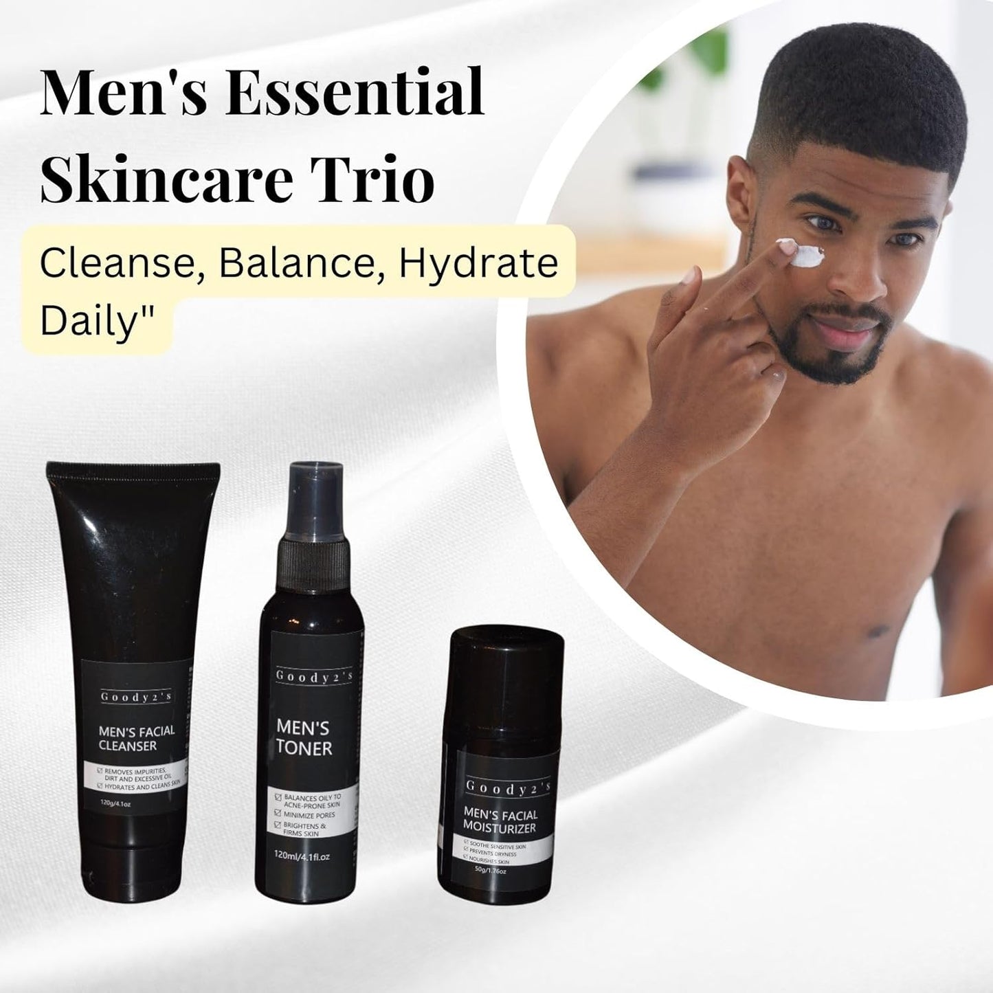 Goody 2's Men's Facial Care 3Pcs Set - Natural & Organic Anti-Aging Trio: Cleanser, Toner, Moisturizer