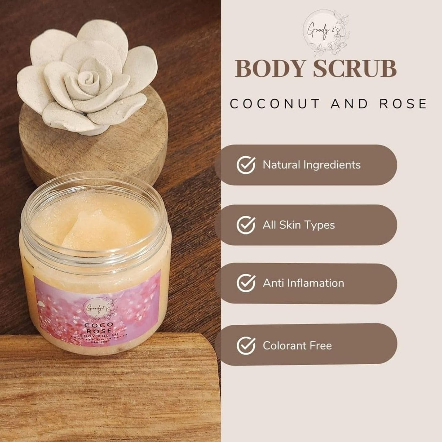 Goody 2's Coco Rose Body Polish/ Body Scrub Set - Spa Bath Scrub for Moisturizing Body, Face, Hands & Feet - Perfect for Women - 8.8 oz