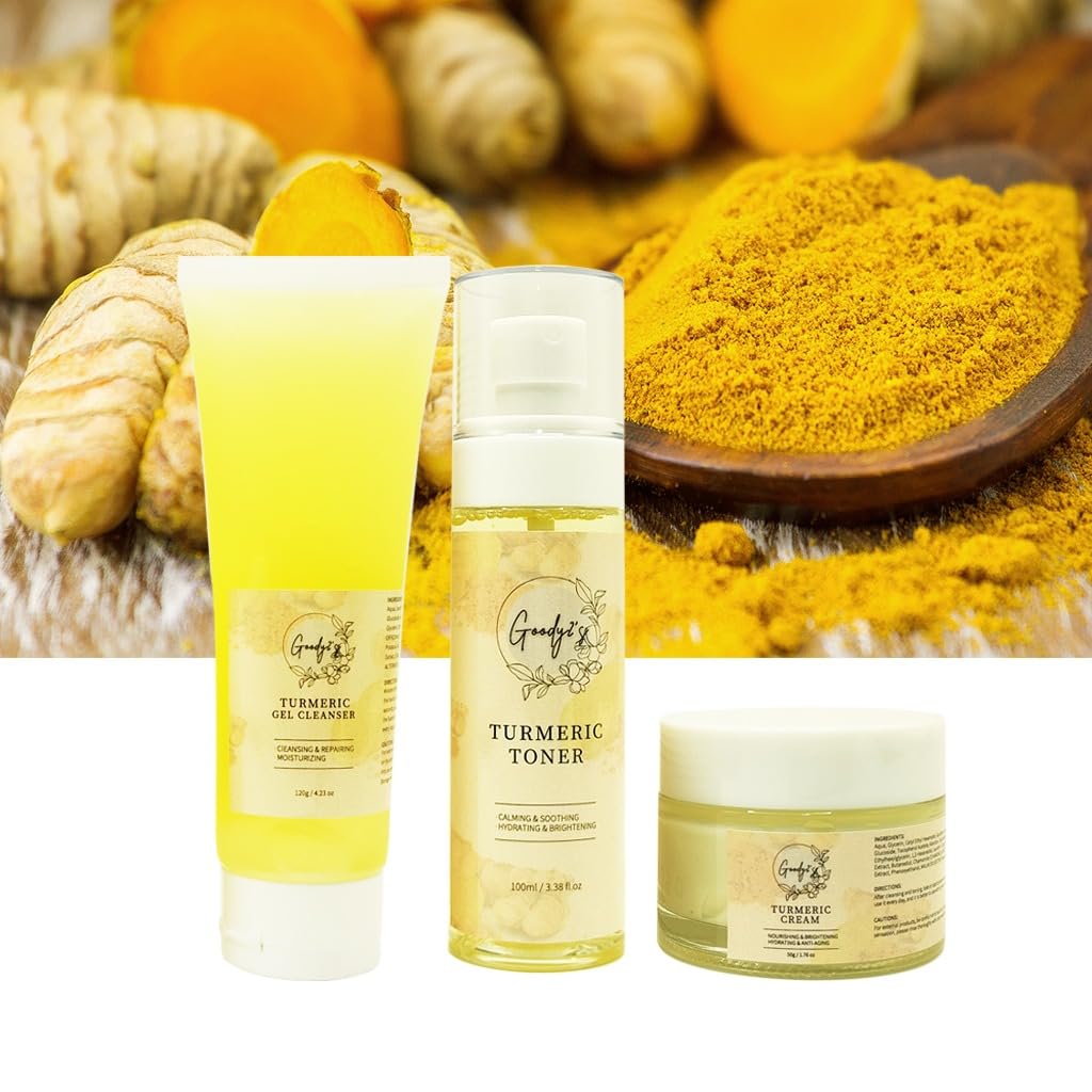 Goody 2's 3-Piece Skincare Set: Turmeric Gel Cleanser, Cream, and Toner for Young Adults and Women | Natural Turmeric Infusion for Radiant Skin | Daily Facial Care Routine