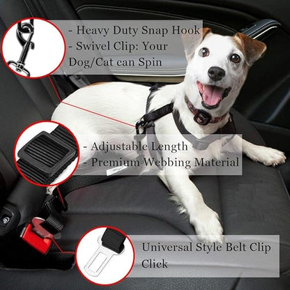 Dog Seat Belt for Dogs Safety Belt  Adjustable Black Nylon Vehicle Tether for Pets, Cat Car Indoor Restraint Lead