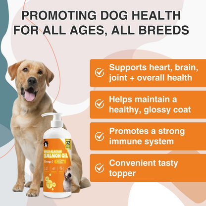 Alaskan Salmon Oil for Dogs and Cats - Healthy Skin and Coat, Fish Oil, Omega 3 EPA DHA, Liquid Food Supplement for Pets. All Natural, Supports Joint and Bone Health, Natural Allergy and Inflammation Defense, 32oz